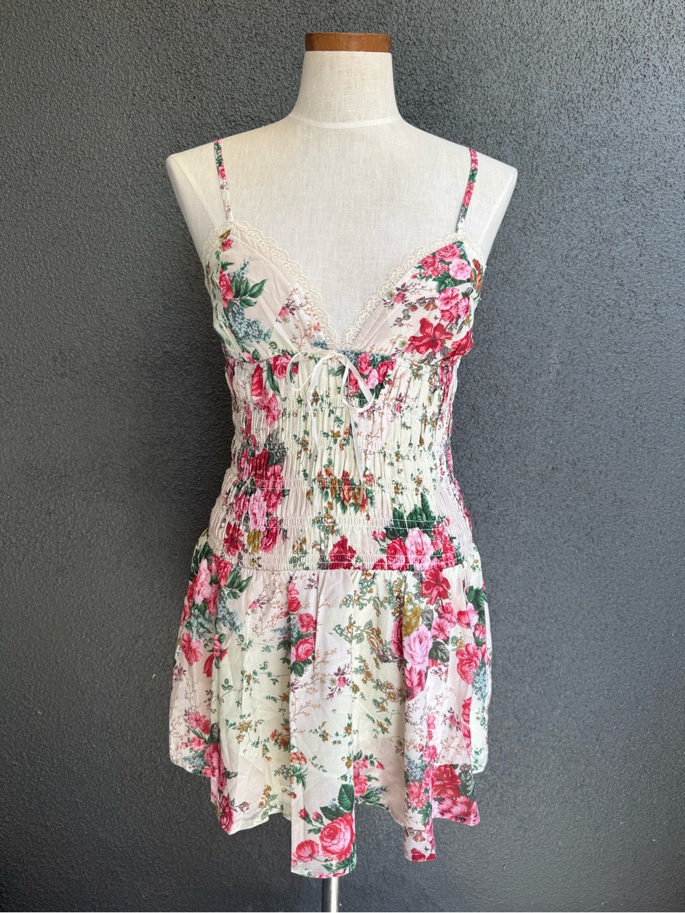 Sky to Moon Floral Smocked Mini Dress in Cream and Pink